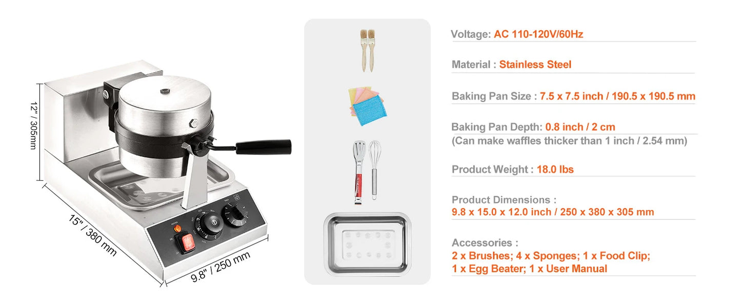 VEVOR Electric Waffle Maker Stainless Steel Nonstick