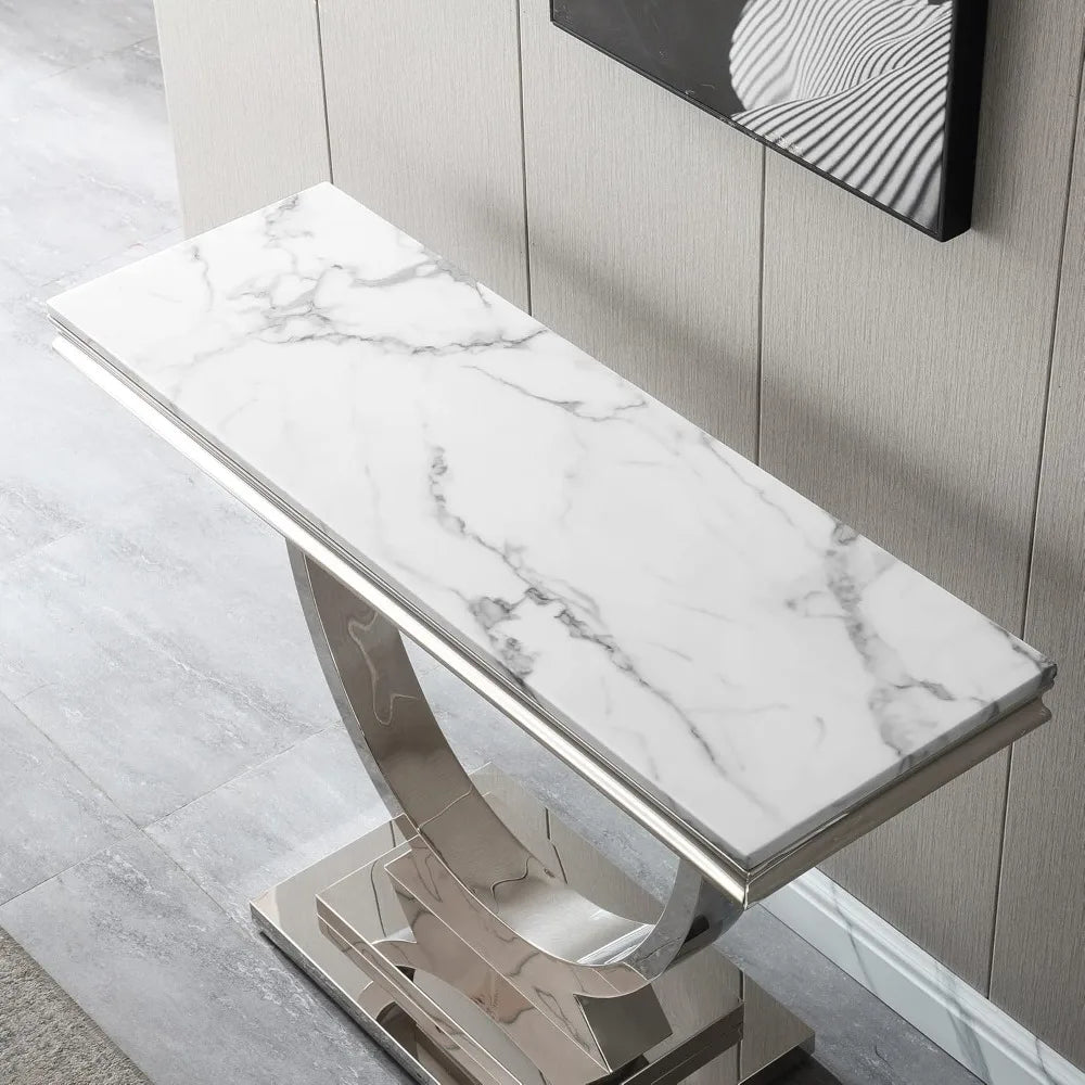 Modern Marble Console Table, Rectangular White and Silver Marble Sofa Table with U-Shape Stainless Steel Base with Silver Mirror