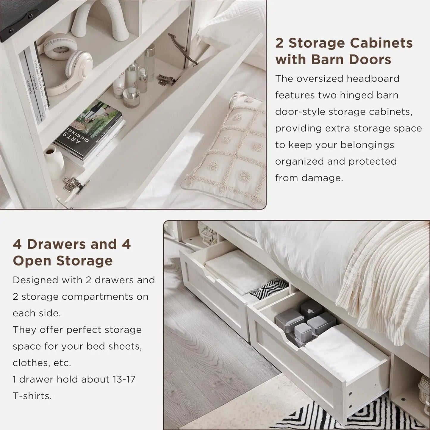 XMSJ Bed Frame With Integrated-Storage Headboard-System Four Drawers Charging Station