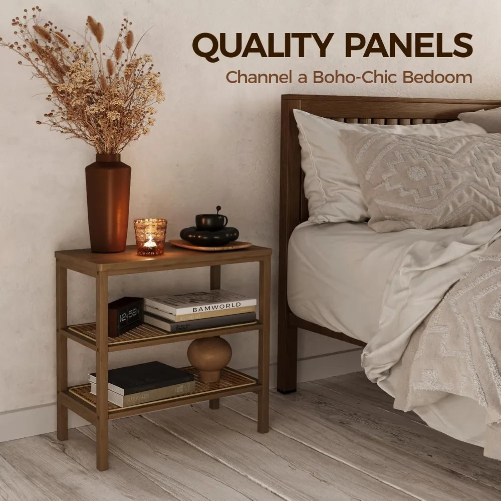 Rattan Side Table Mid Century Modern End Table 3-Tier with Storage Narrow Coffee Table Boho Night Stand Bamboo