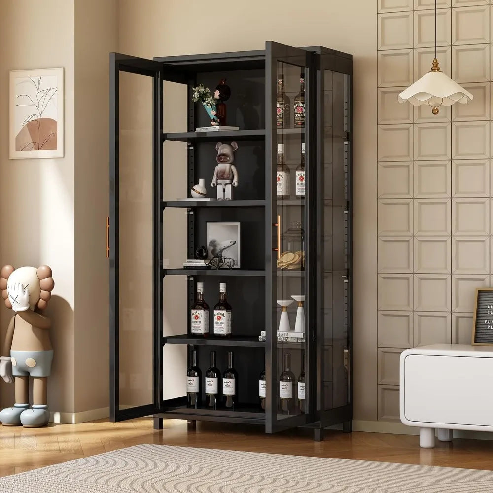 Glass Door Display Cabinet With Five Tier Adjustable Shelves