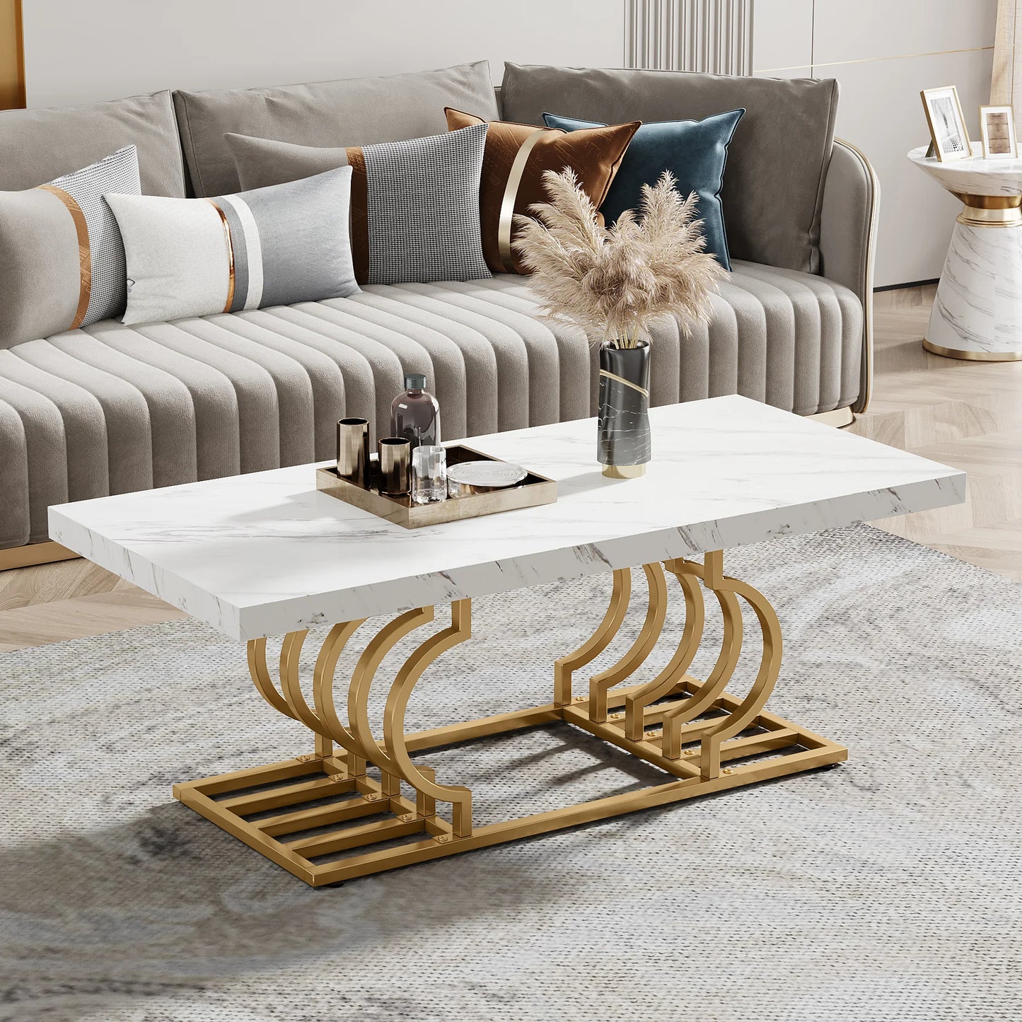 Tribesigns Rectangle Coffee Table Modern 2-Tier Faux Marble Wood For Living Room