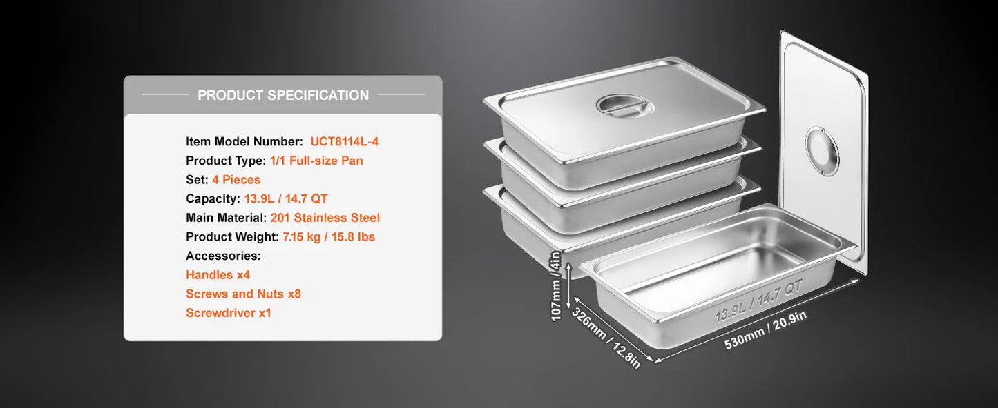 SucceBuy 4 Pack Stainless Steel Steam Table Pan With Lid