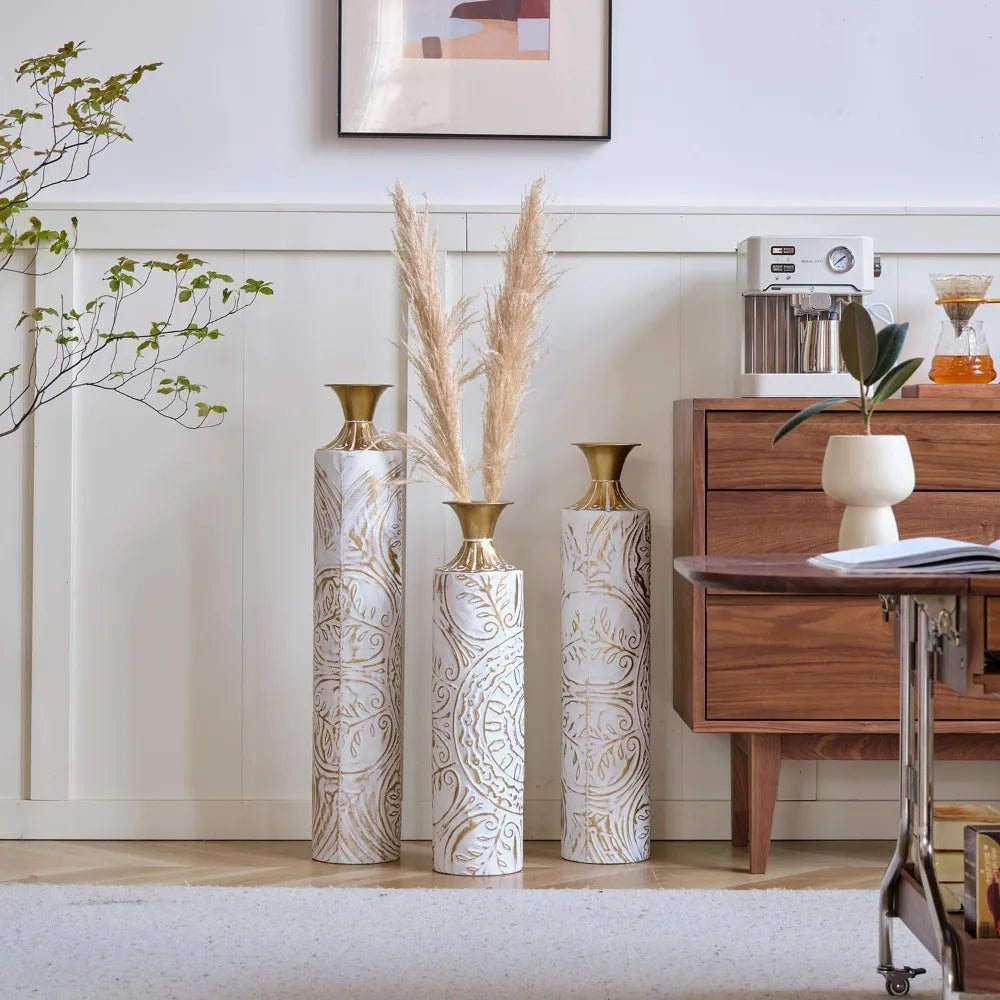 Set Of 3 Metal Vases With Briolette Accent Details