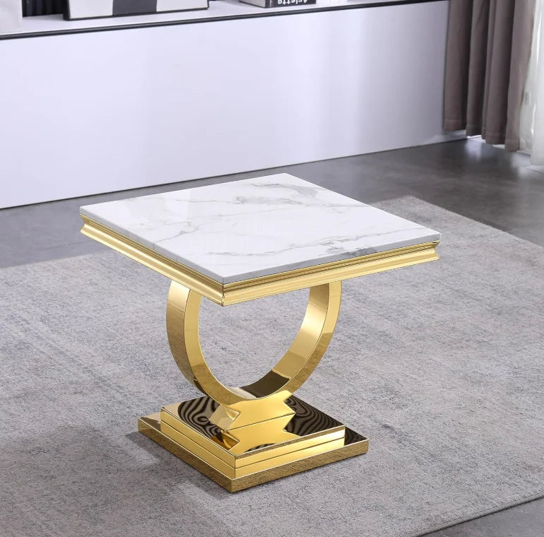White Marble Coffee Table with Mirrored Stainless Steel Metal Base, Rectangle Faux Marble Top Coffee Table Center Tea