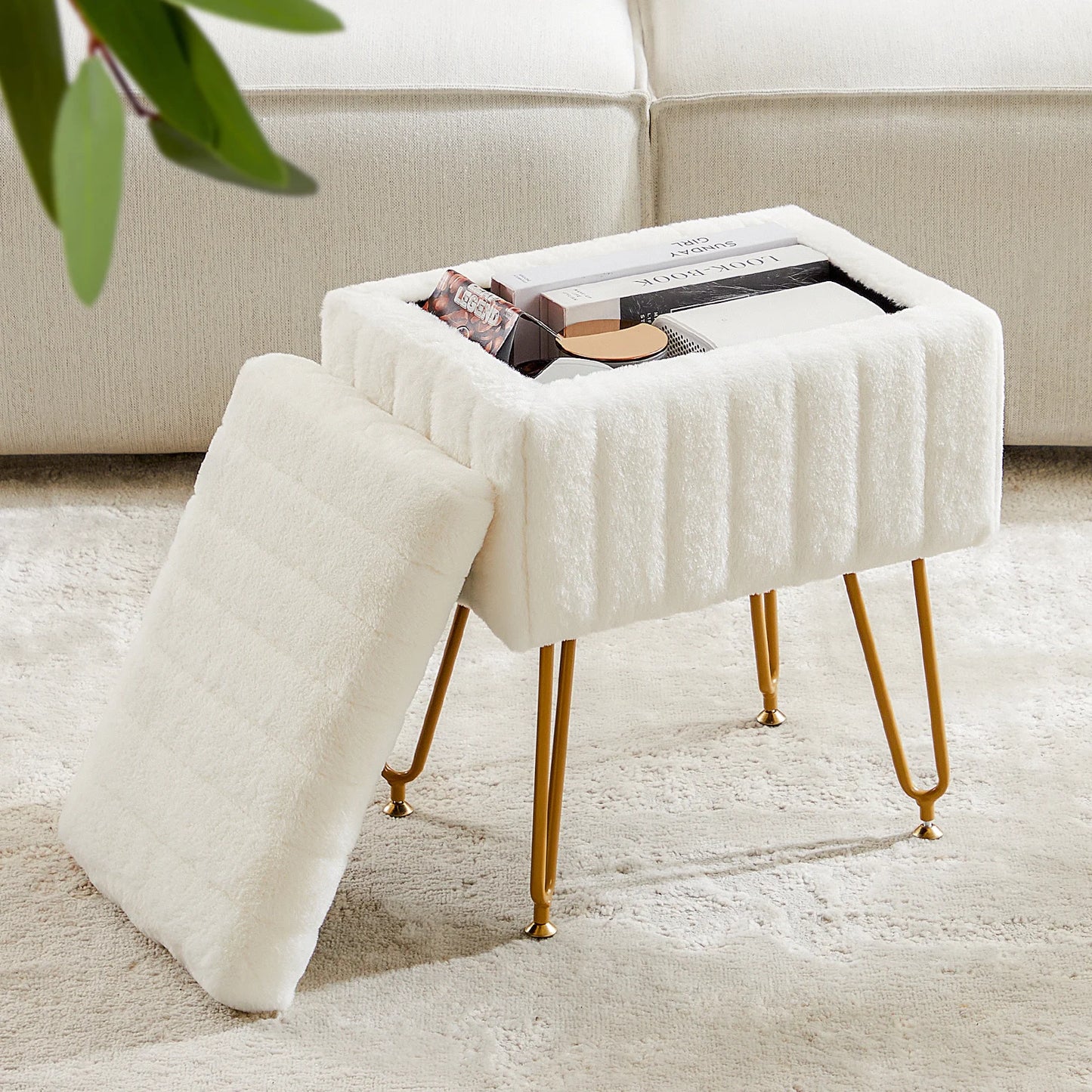 JHK Faux Fur Hidden Storage Ottoman With Metal Legs