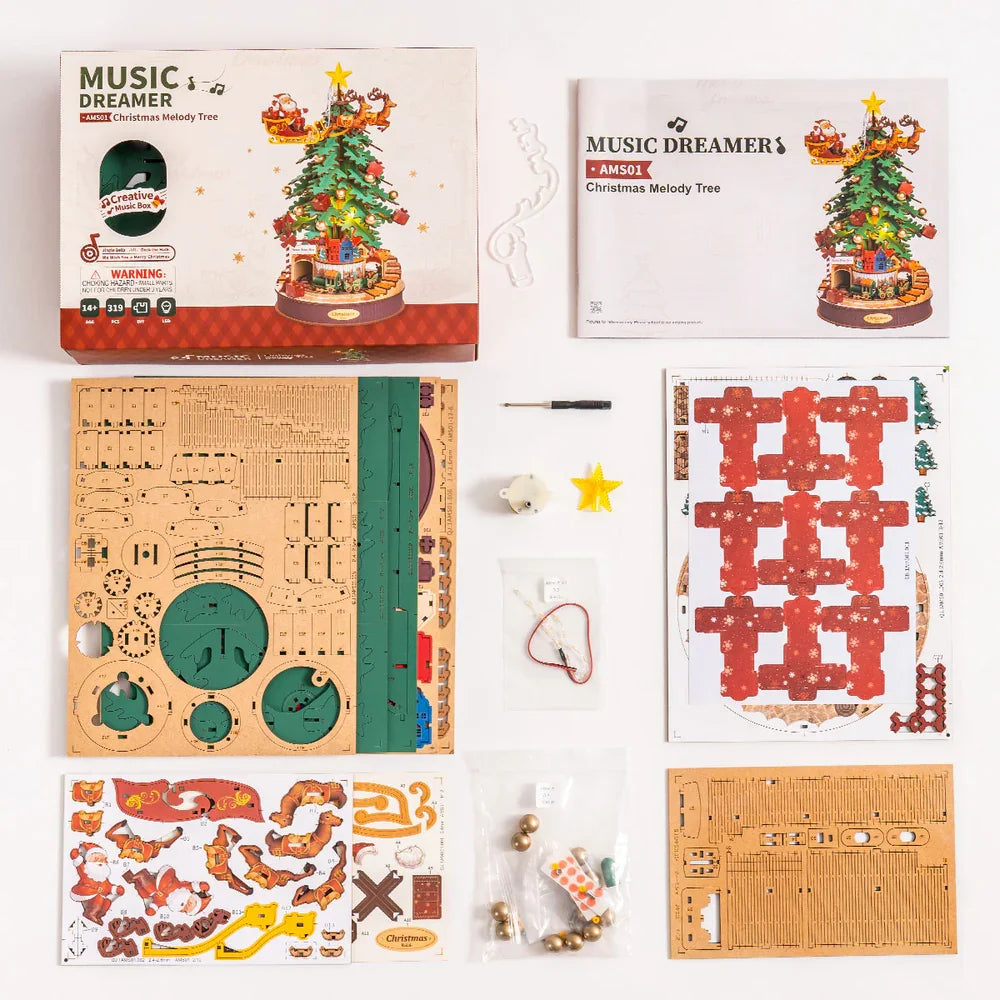Robotime Rolife Christmas Melody Tree Music Boxes 3D Wooden Puzzle with Light Perfect Gifts for Family Easy Assemble Toys