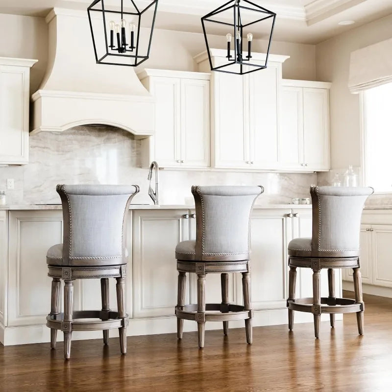 home.Pullman Counter Stool 26 Inches – Swivel Stool with Footrest – Grey Solid Wood Frame & Grey Fabric Upholstery –