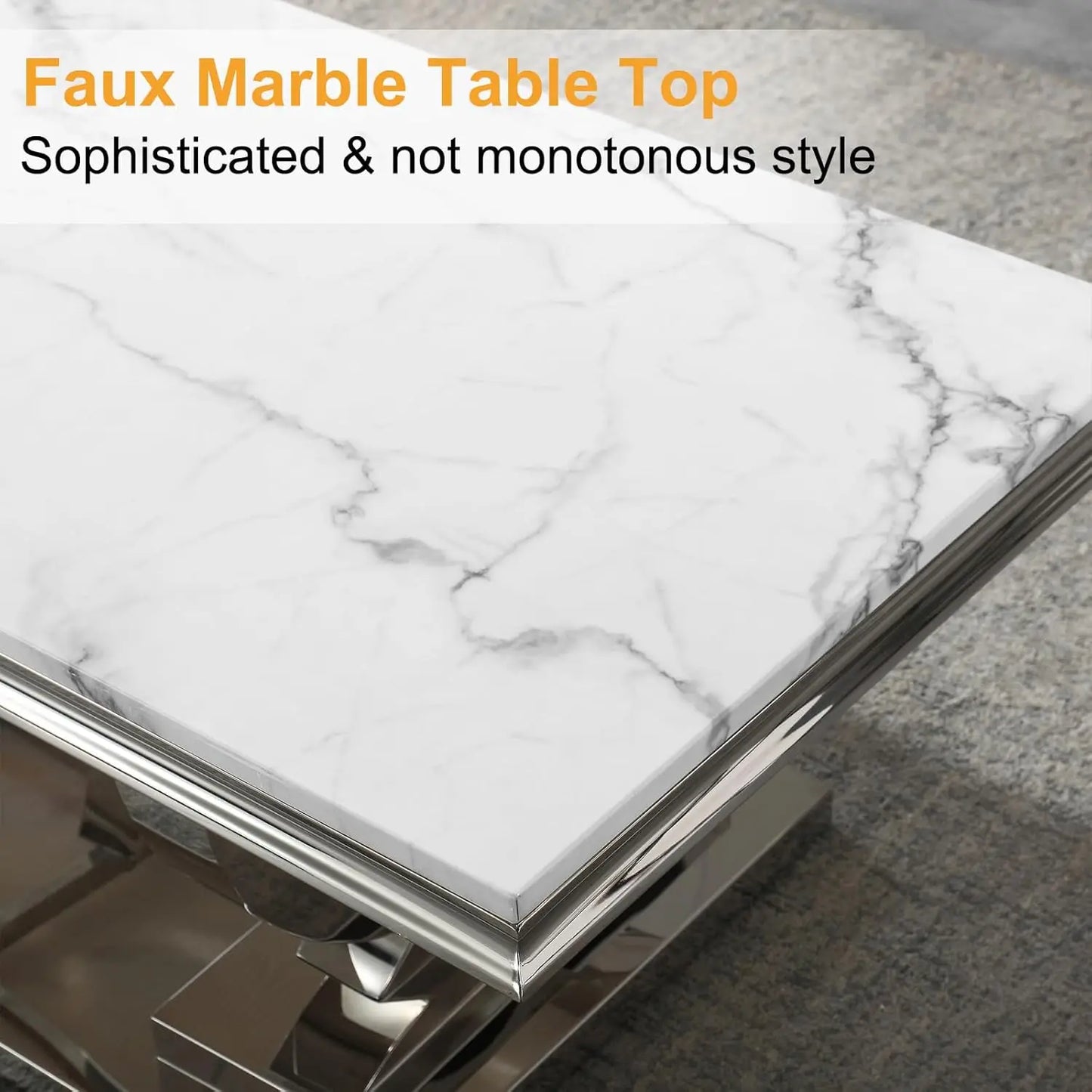 NEW 47" Coffee Table with White Marble Top, Modern Rectangular Faux Marble Coffee Table, Luxury White Cocktail Center Table