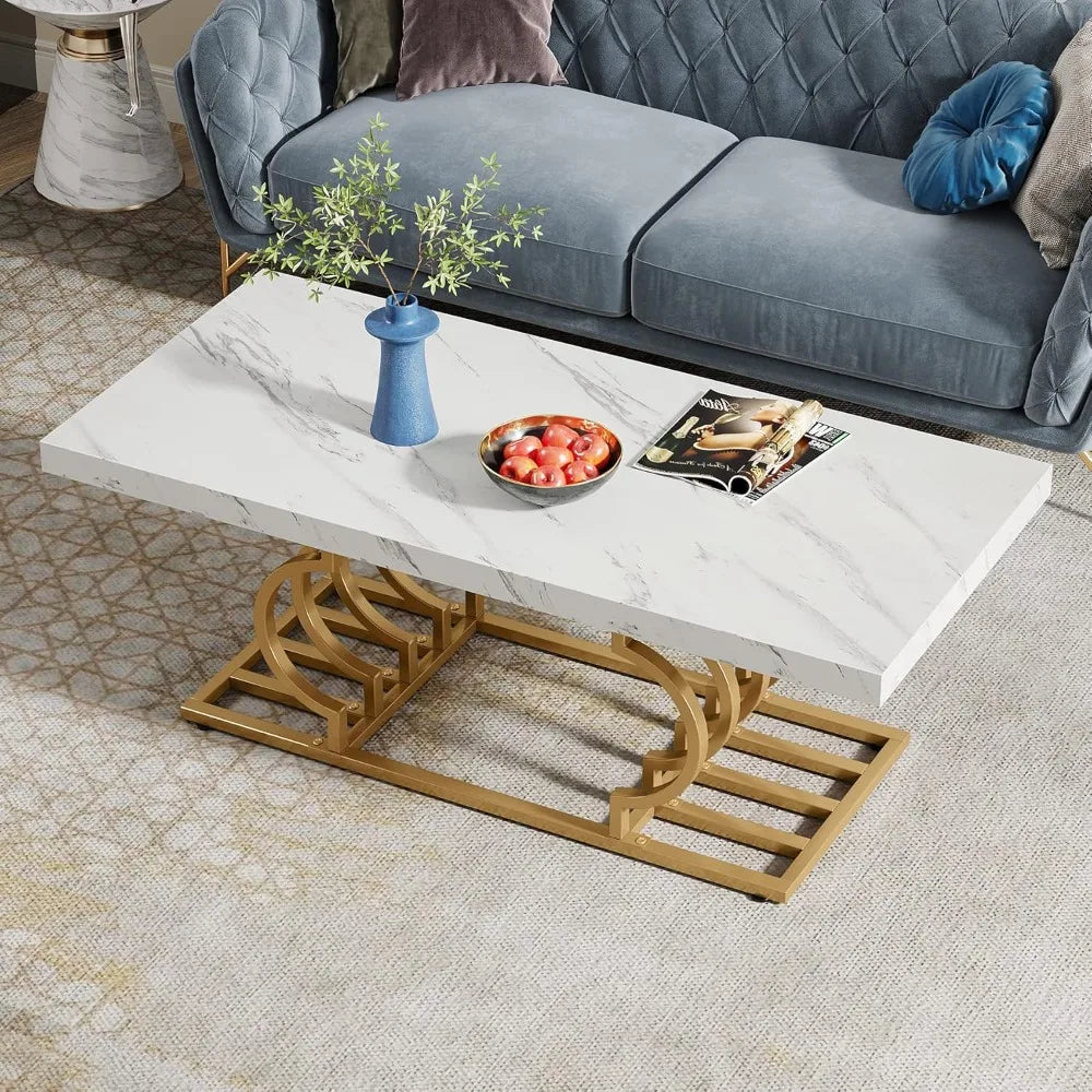 Modern Coffee Table, 47 Inch Faux Marble Cocktail Table with Geometric Frame, Rectangular Center Table Tea Table Accent Furnitu