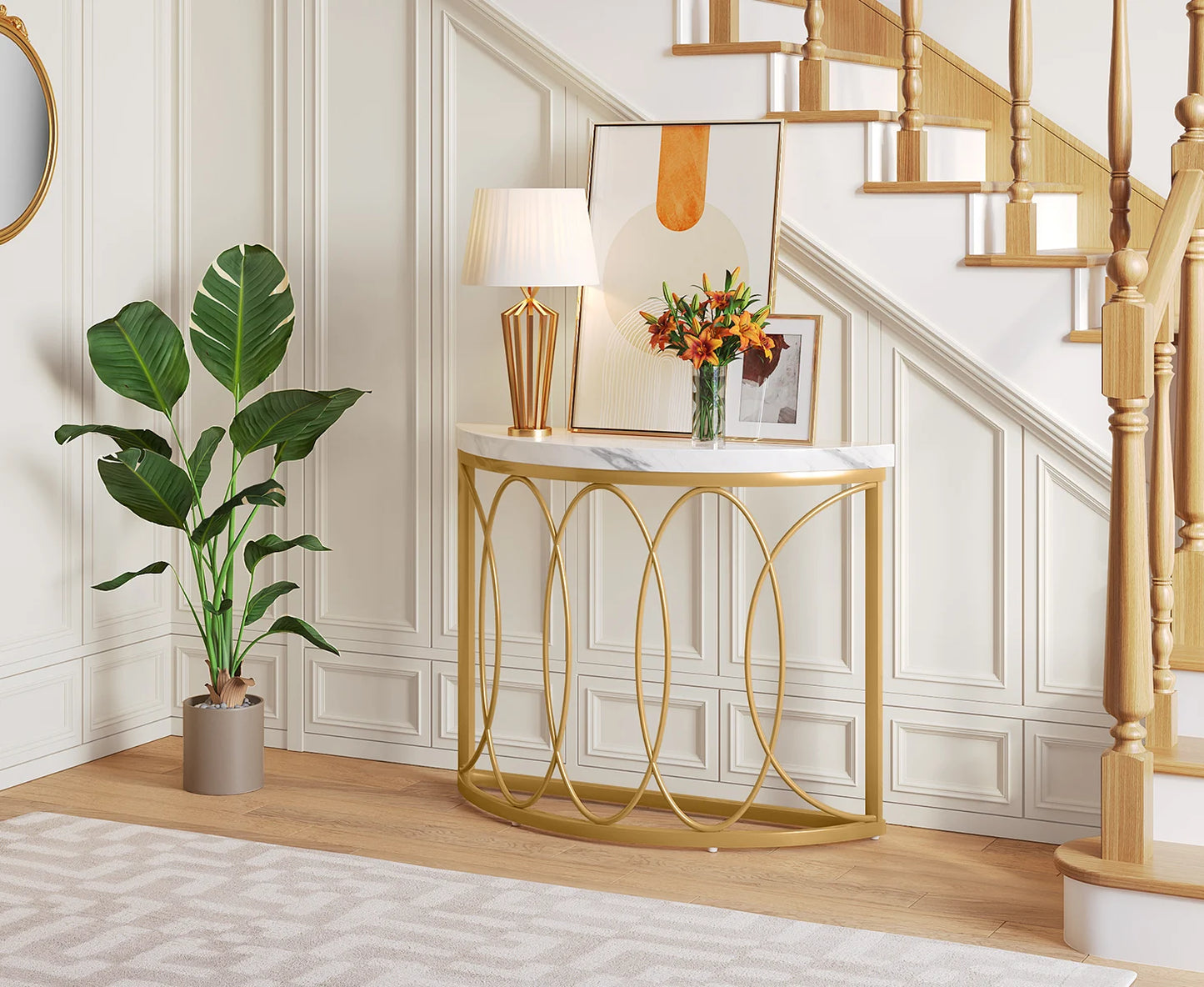 Tribesigns Half Moon Gold Console Table, 43" Modern Entryway Table, Narrow Semi Circle Sofa Table with Geometric Metal Frame