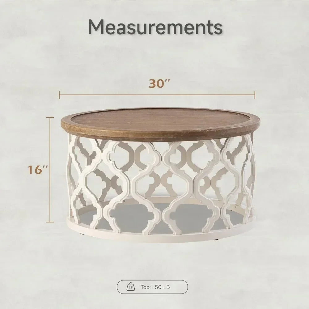 Farmhouse Coffee Table, Distressed Tray Top Table with Curved Motif Frame Base for Boho, Rustic, French Country Decor, Round,