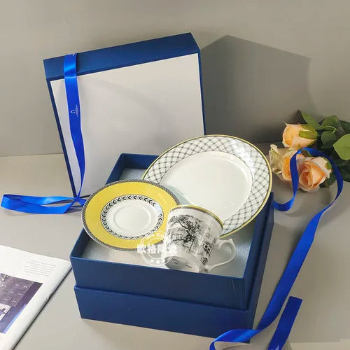 European Bone China Illustration Style German Orton Manor Home Western Plate Steak Plate Coffee Set Three-Piece Set Combination