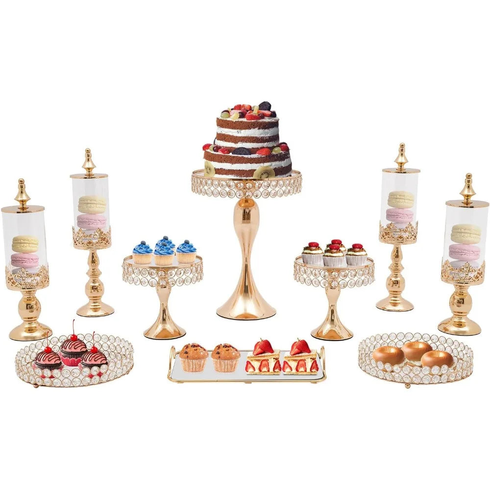 Crystal Gold Cake Stand Set 10 Pcs With Mirror Plate And Dessert Display