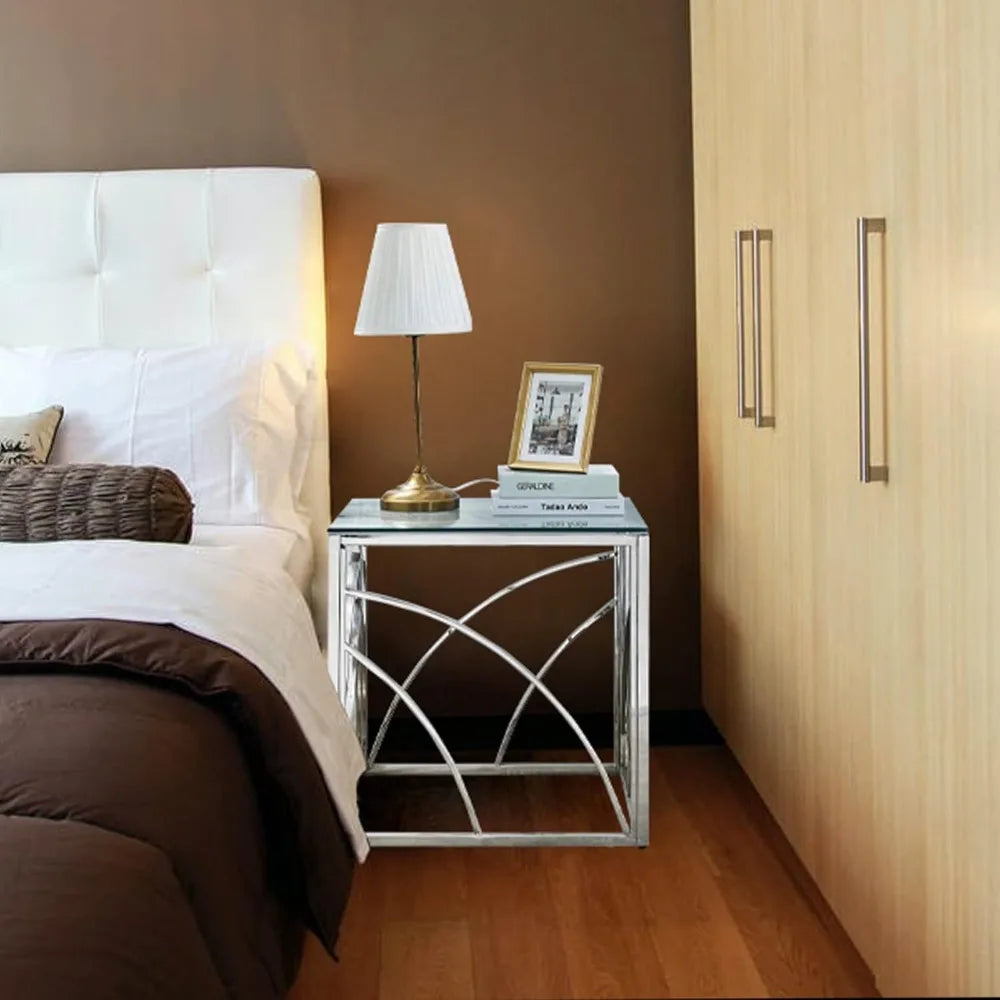 Accent Glass End Table Silver Modern Square 21.45" Glass and Silver End Table Coffee Table Tempered Glass with Stainless Steel F