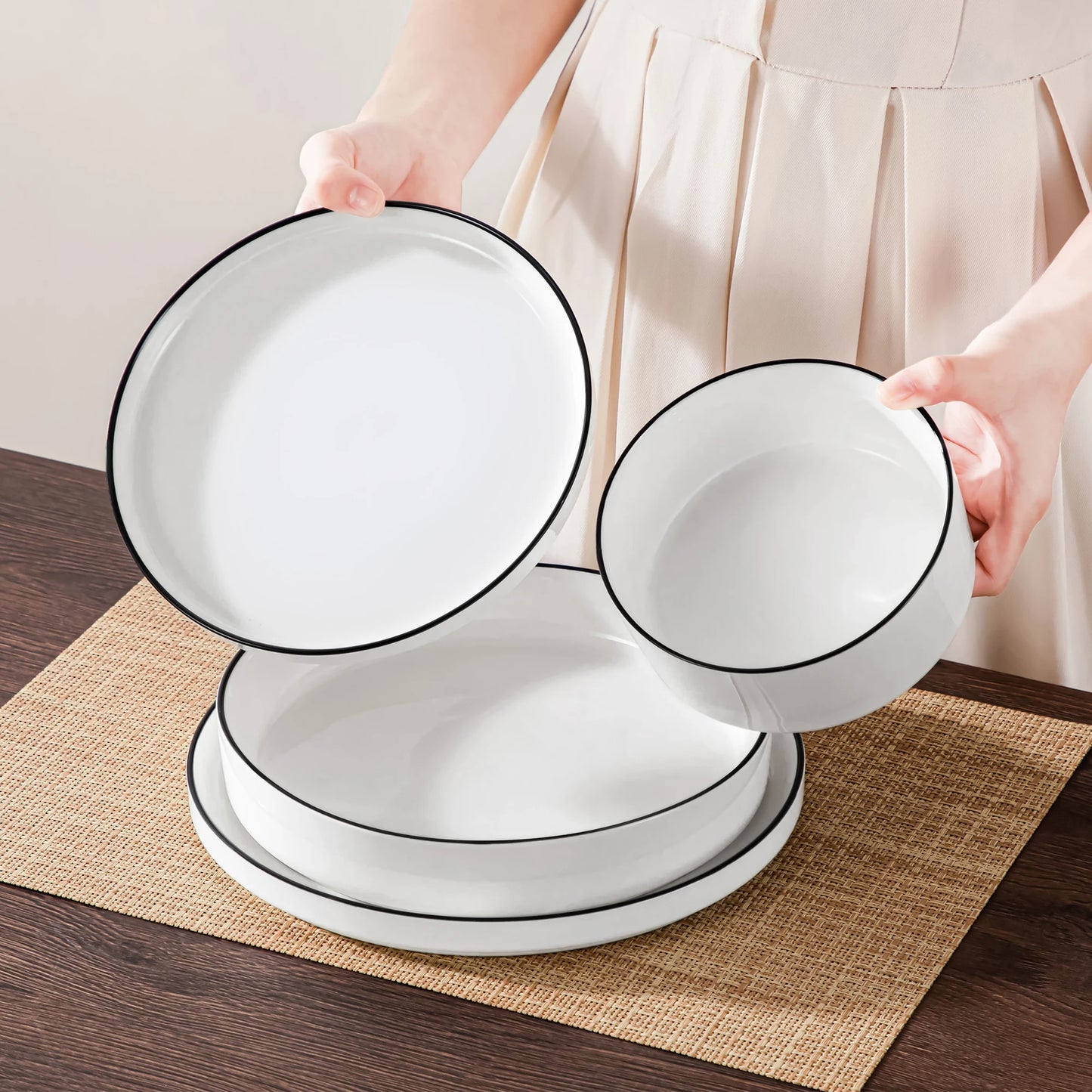 MALACASA 12/16/18/24 Piece Dinner Plates Sets Black Rim Half standing edge Dinnerwar with 4/6PCS Dinner Plate/Dessert/Soup/Bowl