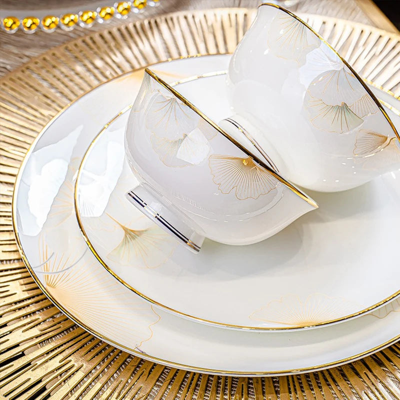 60 Heads Jingdezhen Bone China Dishes Set Pot Dinner Tableware Rice Bowl Soup Bowl Salad Noodles Bowl Plate Dish Bowl Dinnerware