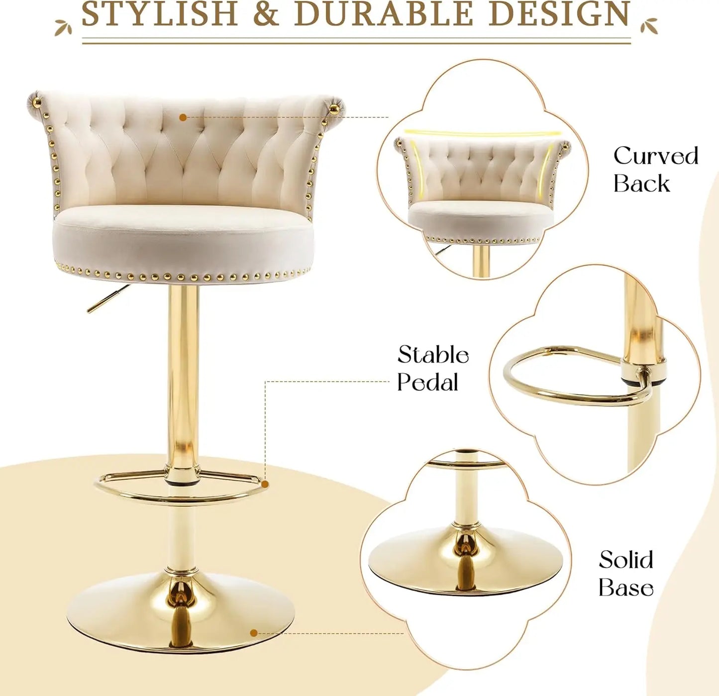 NEW Bar Stools Set of 2, Modern Adjustable Swivel Barstools, Upholstered Tufted Velvet Counter Height Bar Stools Chair , Beige