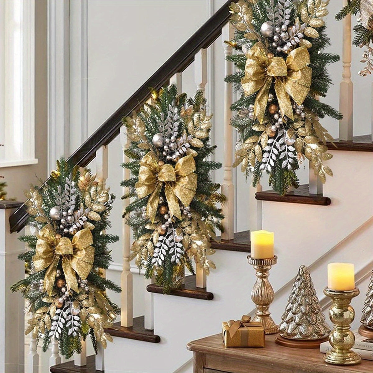 6Pcs Pre-Lit Stairway Christmas Swags Christmas Staircase Decorations Artificial Stairs Christmas Garland with Lights
