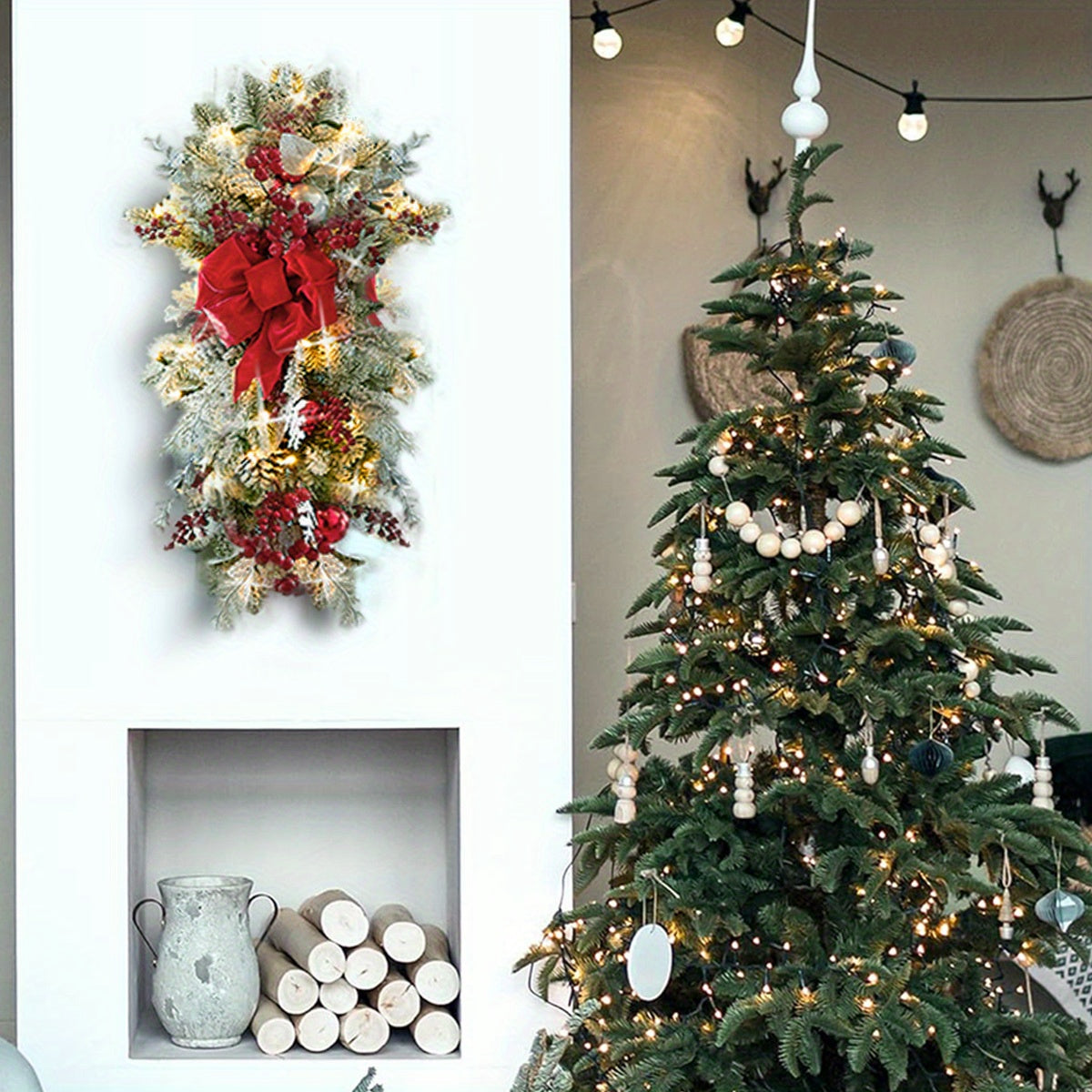 6Pcs Pre-Lit Stairway Christmas Swags Christmas Staircase Decorations Artificial Stairs Christmas Garland with Lights