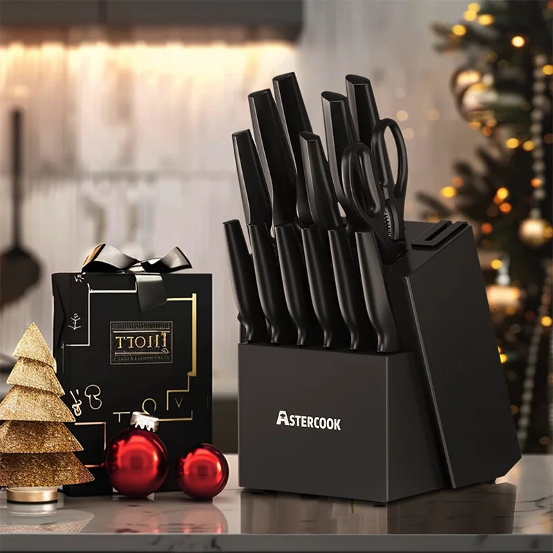 Astercook 15 Piece German Stainless Steel Kitchen Knife Set BuiltInSharpeningSystem