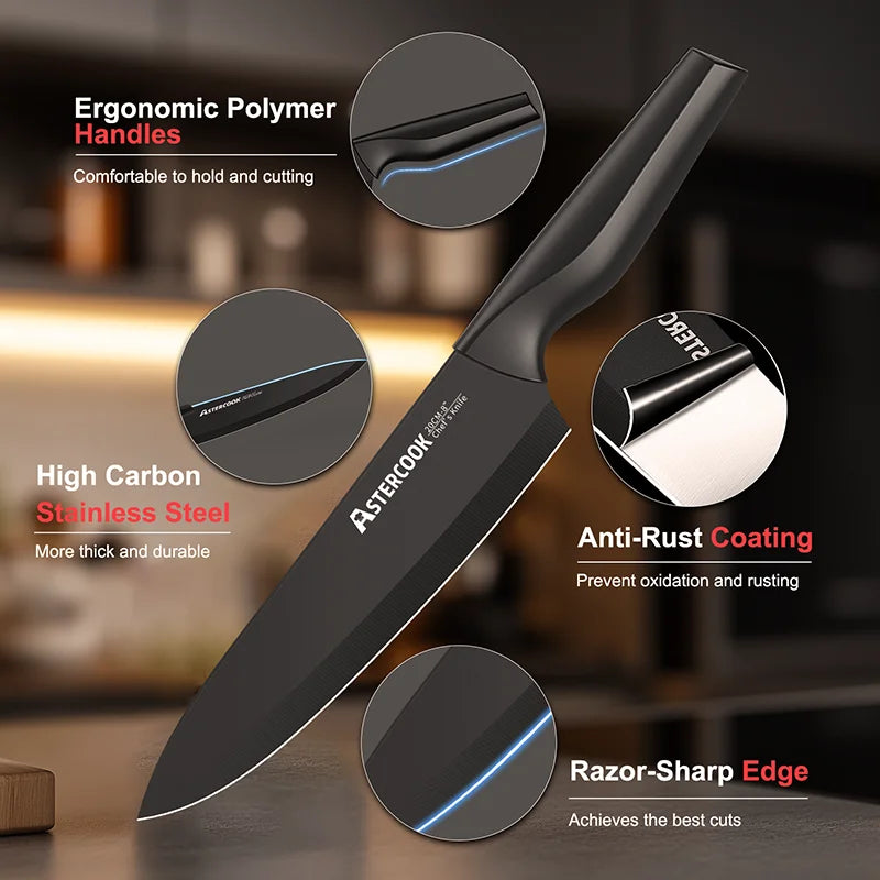 Astercook 15 Piece German Stainless Steel Kitchen Knife Set BuiltInSharpeningSystem