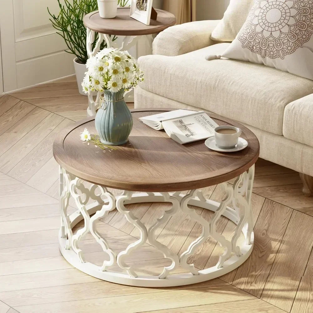 Farmhouse Coffee Table, Distressed Tray Top Table with Curved Motif Frame Base for Boho, Rustic, French Country Decor, Round,