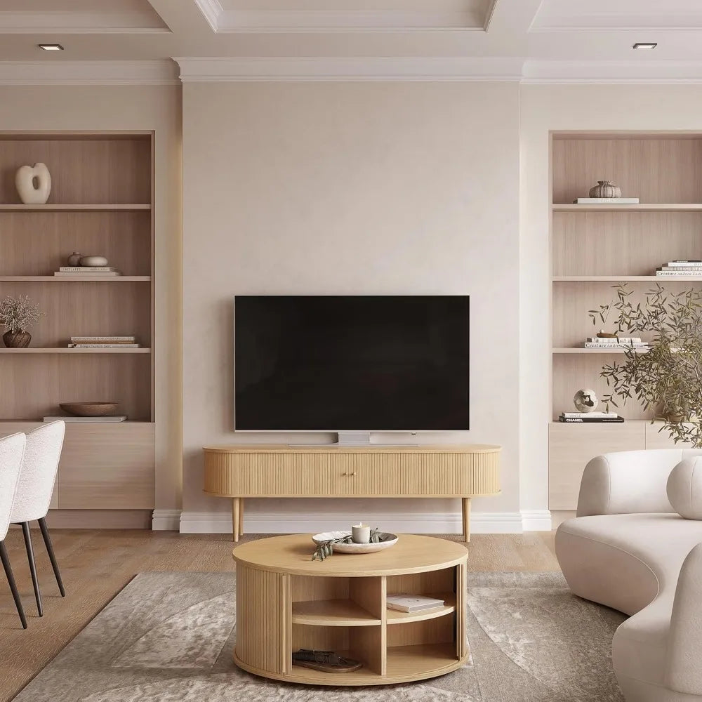 35'' Round Coffee Table with Storage and Shelves - Round Center Table for Living Room and Office. Wood Mid Century Modern Coffe