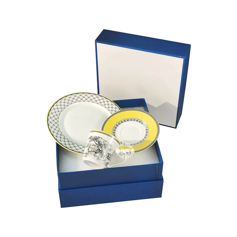 European Bone China Illustration Style German Orton Manor Home Western Plate Steak Plate Coffee Set Three-Piece Set Combination