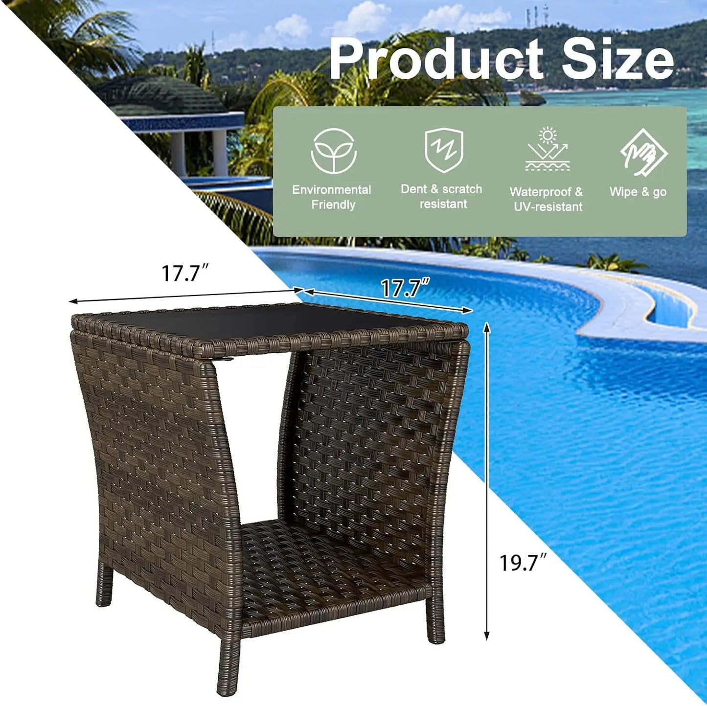 Outdoor Side Table - Set of 2 Tempered Glass Top Small Outdoor Wicker Table with Storage Shelf for Patio, Balcony & Porch