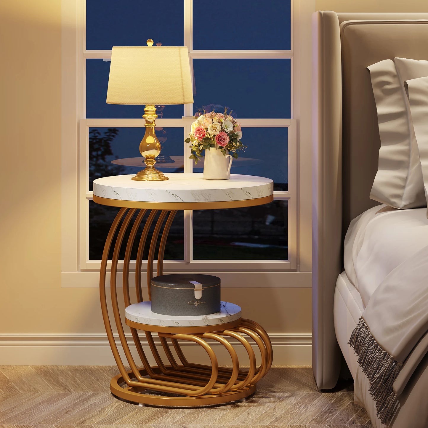 Tribesigns Gold Round End Table: 2 Tiers Faux Marble Side Table with Storage Shelf, Modern White Gold Bedside Nightstand