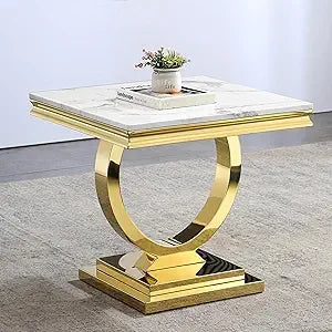 White Marble Coffee Table with Mirrored Stainless Steel Metal Base, Rectangle Faux Marble Top Coffee Table Center Tea