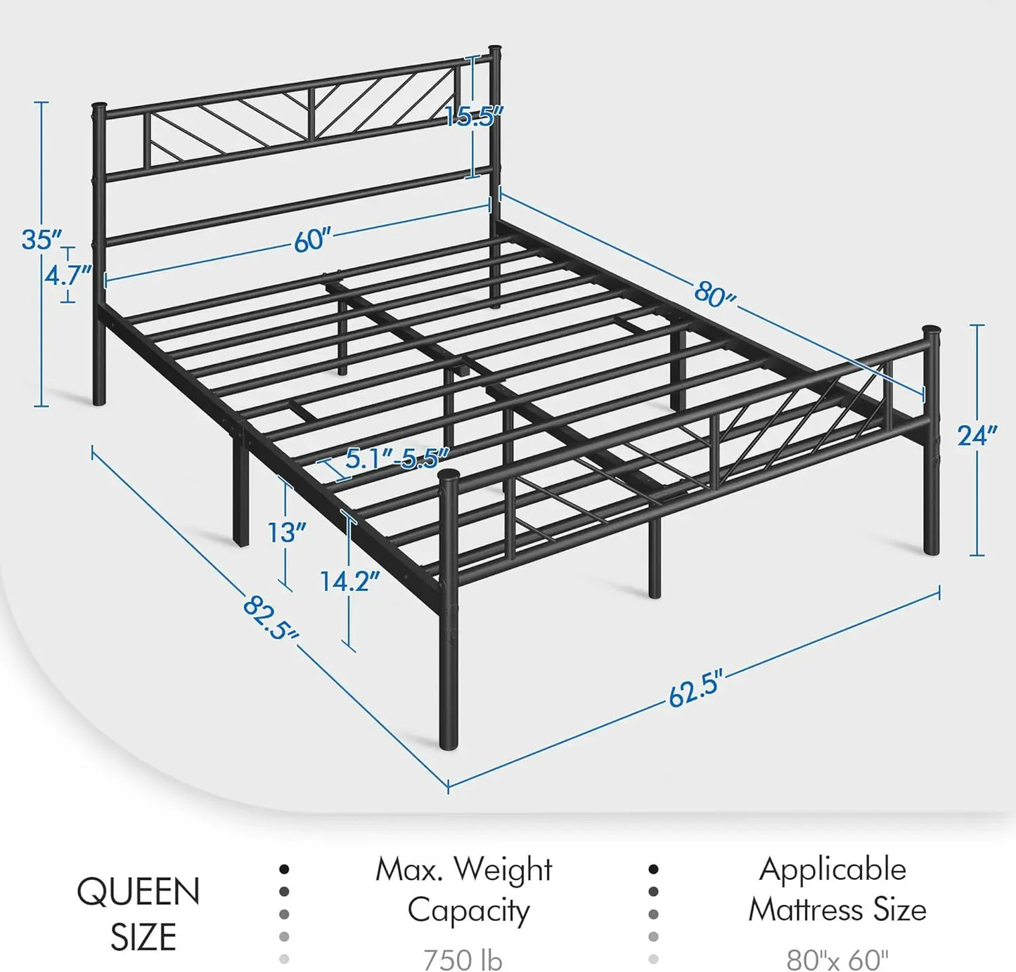 Queen Size Platform Bed Frame with Arrow Headboard, 13 Inch Height, Metal Slats Support, Easy Assembly, Black
