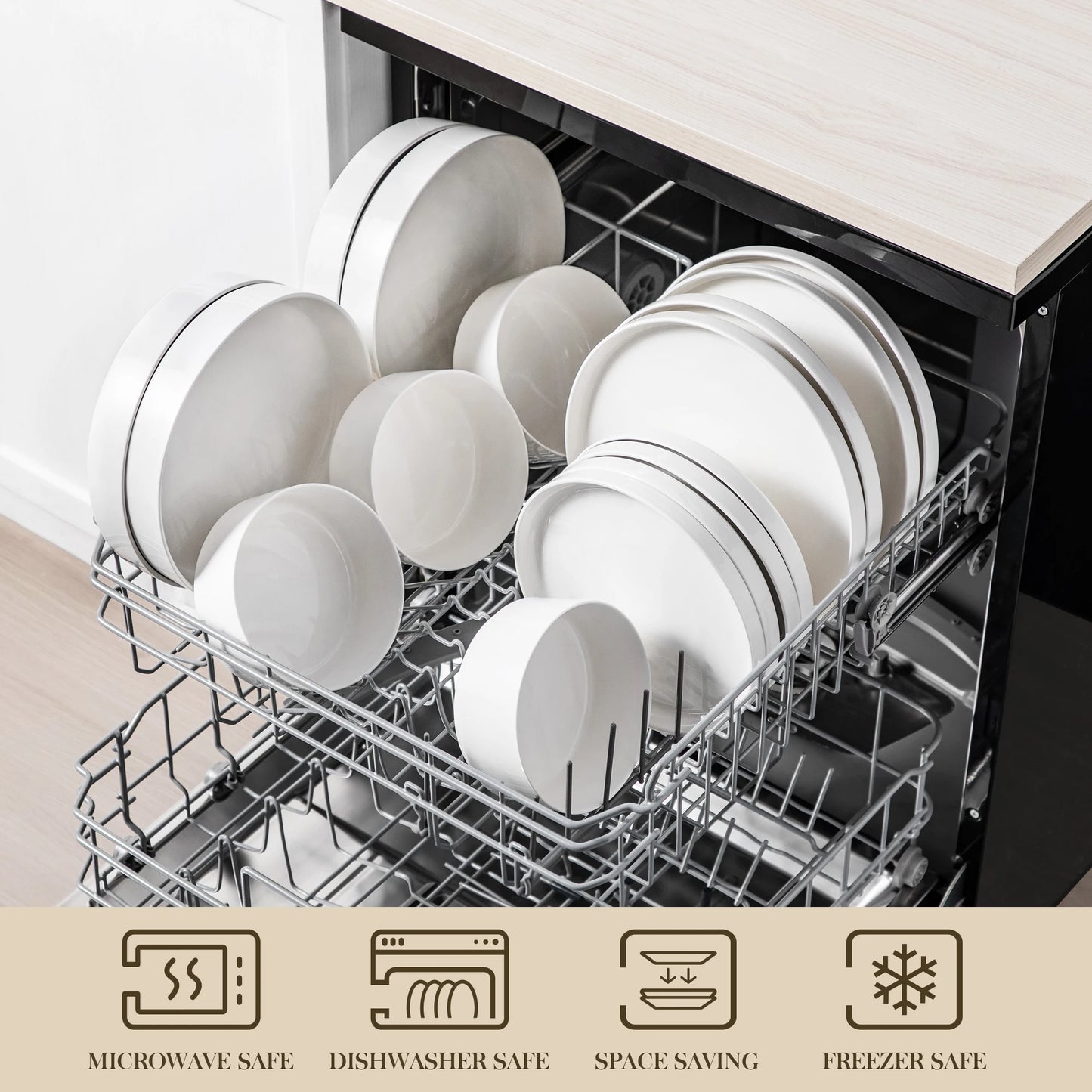 MALACASA 12/16/18/24 Piece Dinner Plates Sets Black Rim Half standing edge Dinnerwar with 4/6PCS Dinner Plate/Dessert/Soup/Bowl