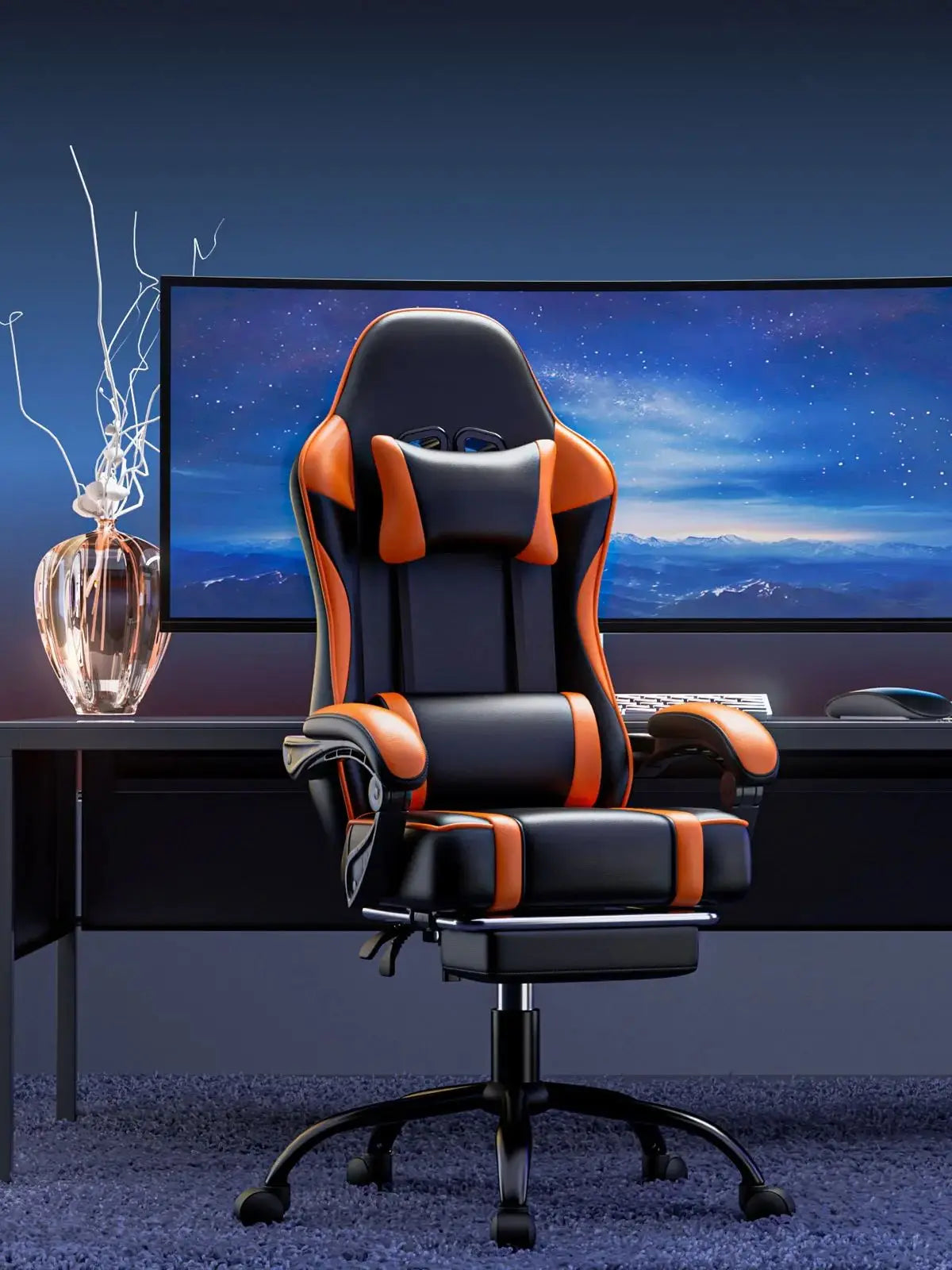 Gaming Chair With Footrest Genuine Leather Reclining Office Desk Chair