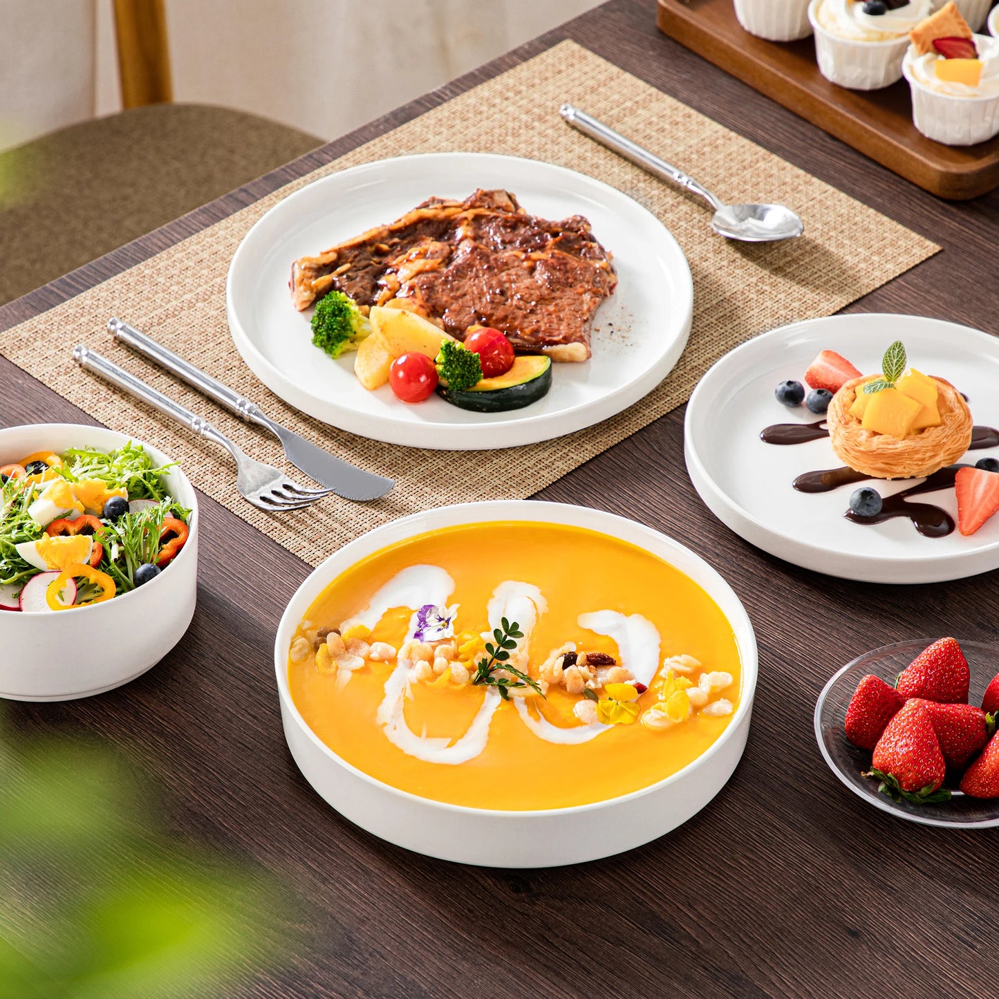 MALACASA 12/16/18/24 Piece Dinner Plates Sets Black Rim Half standing edge Dinnerwar with 4/6PCS Dinner Plate/Dessert/Soup/Bowl