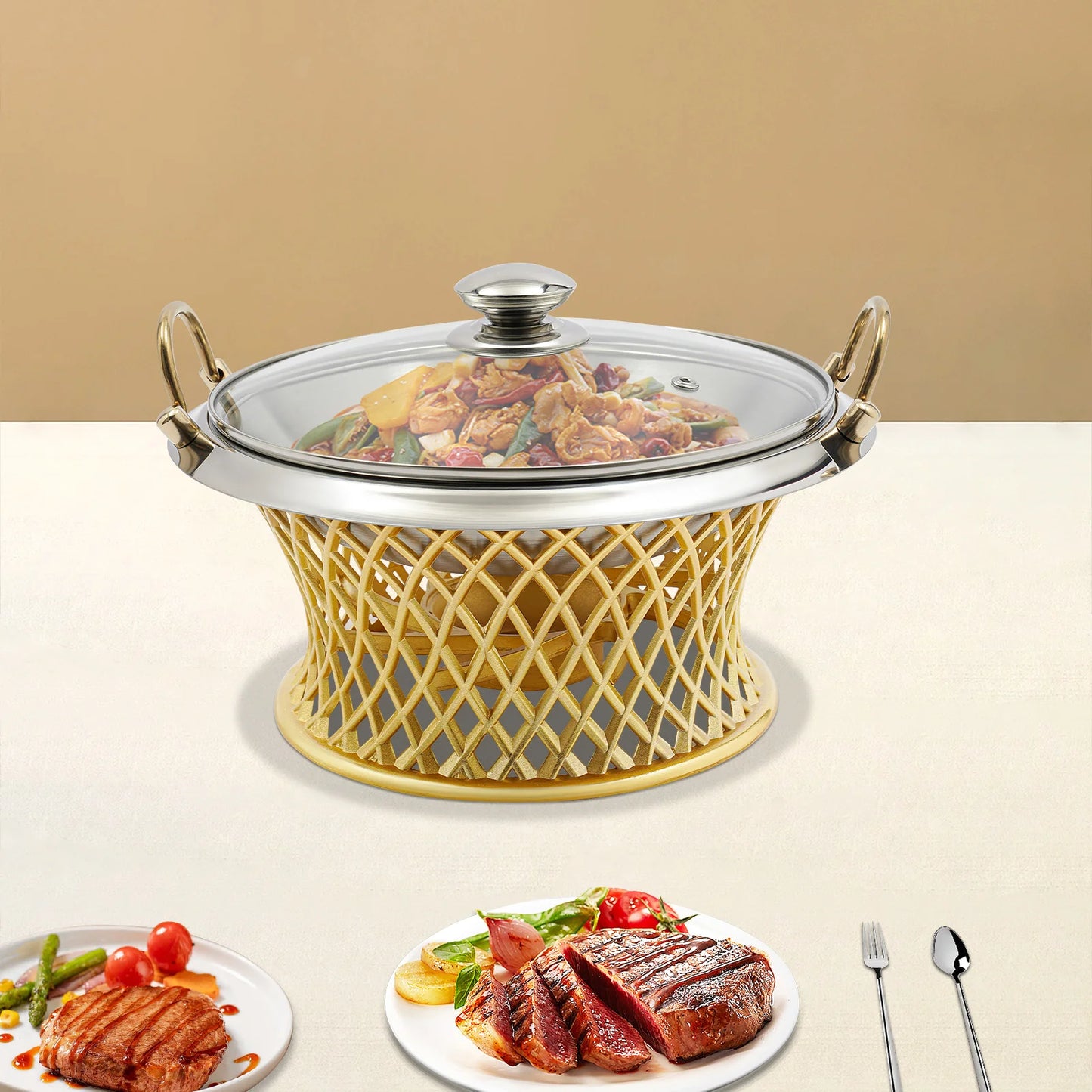 24cm/9.45in Buffet Chafing Dish, Round Chafing Dish, Chafing Dish With Lid, BBQ Tool, For Wedding, Kitchen, Party Decoration