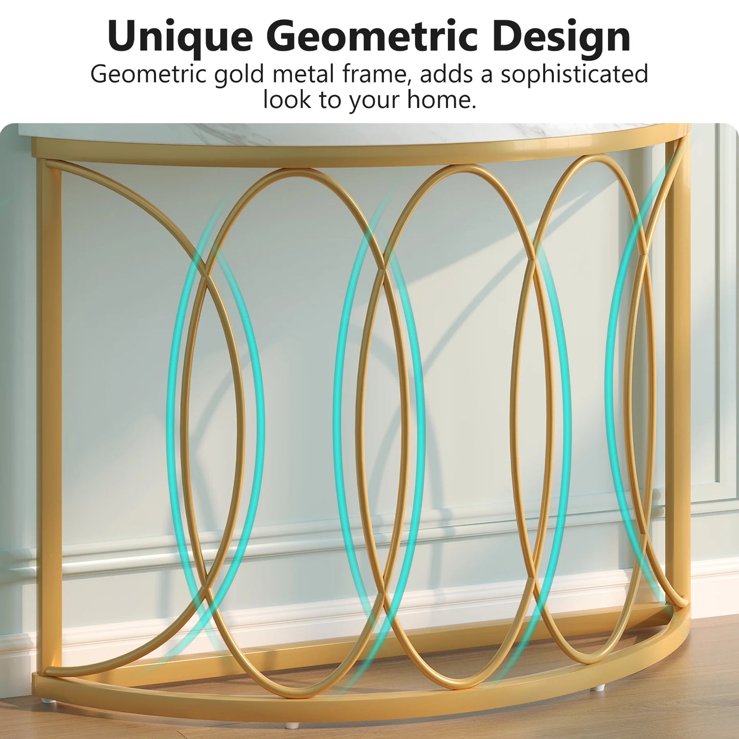 Tribesigns Half Moon Gold Console Table, 43" Modern Entryway Table, Narrow Semi Circle Sofa Table with Geometric Metal Frame
