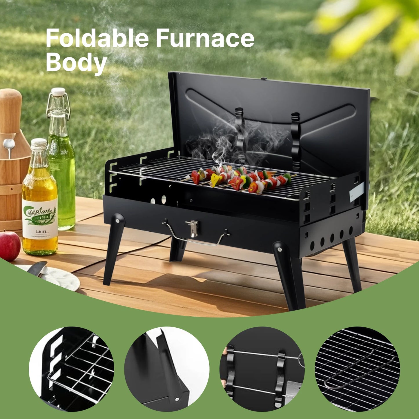 Portable Charcoal Grill, Foldable BBQ Grill with Adjustable Heights, Durable & Compact, Easy to Clean, Perfect for Camping, Tail
