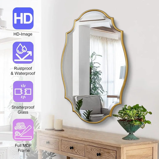 A  Scalloped Oval Wall Mirror, 24“X36” Gold Bathroom Vanity Mirror, Ornate Decorative Mirror for Living Room, Washroom, Bedroom