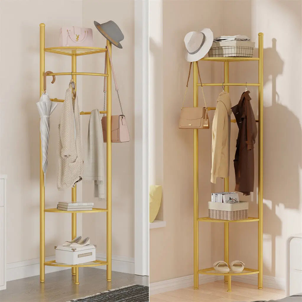 Metal Corner Coat Stand Clothes Rack with Storage Shelf Free Standing Garment Rack Hall Tree