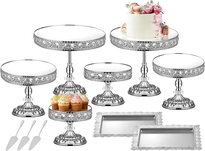 XMSJ 12-Piece Silver Cake Stand Set Vintage Crystal Edge Display