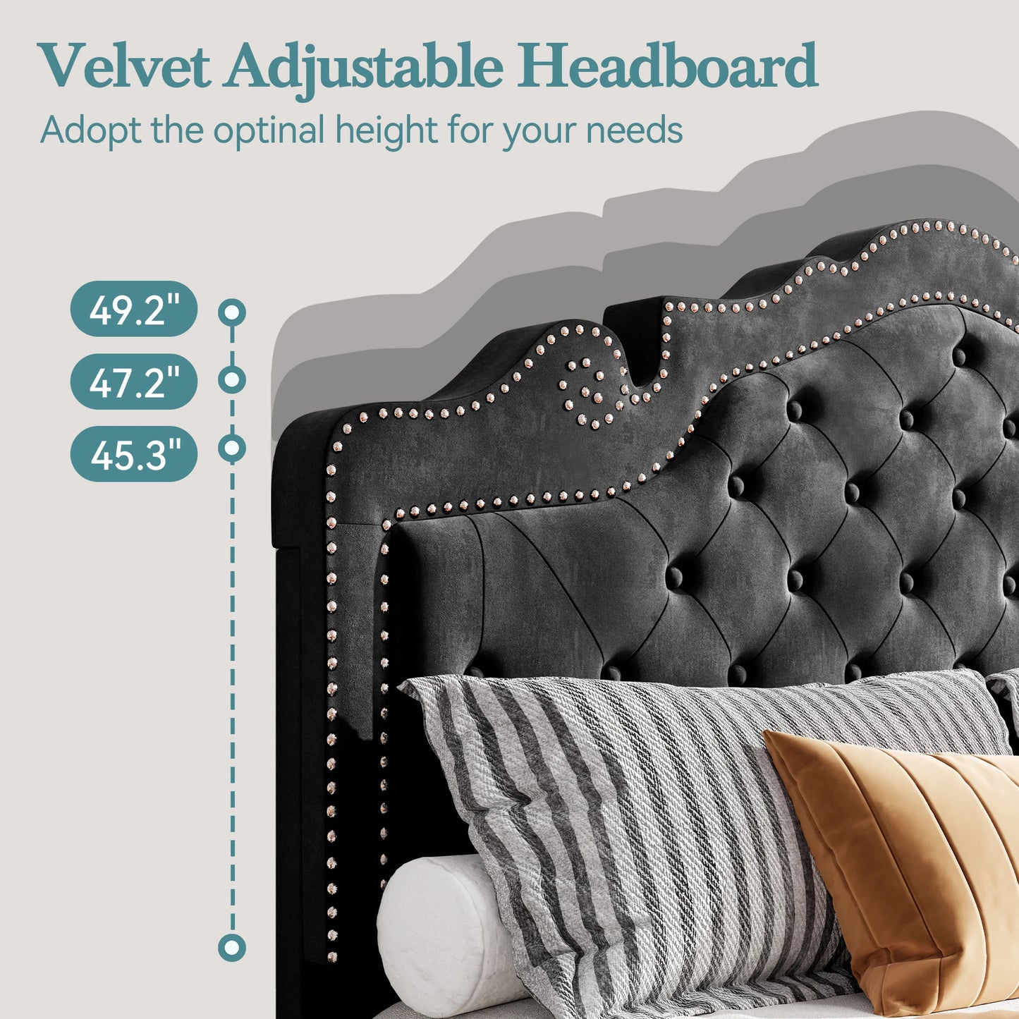 HOOMIC Velvet Tiara Headboard Adjustable Bed Frame Diamond Button Tufted