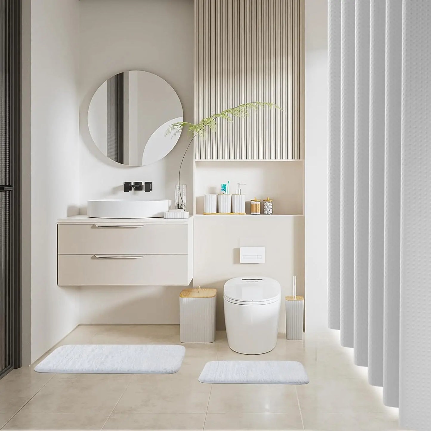 24PCS Bathroom Set. Shower Curtain, Rugs, Trash Can, Brush Holder, Soap Dispenser. Stylish & Functional. White.