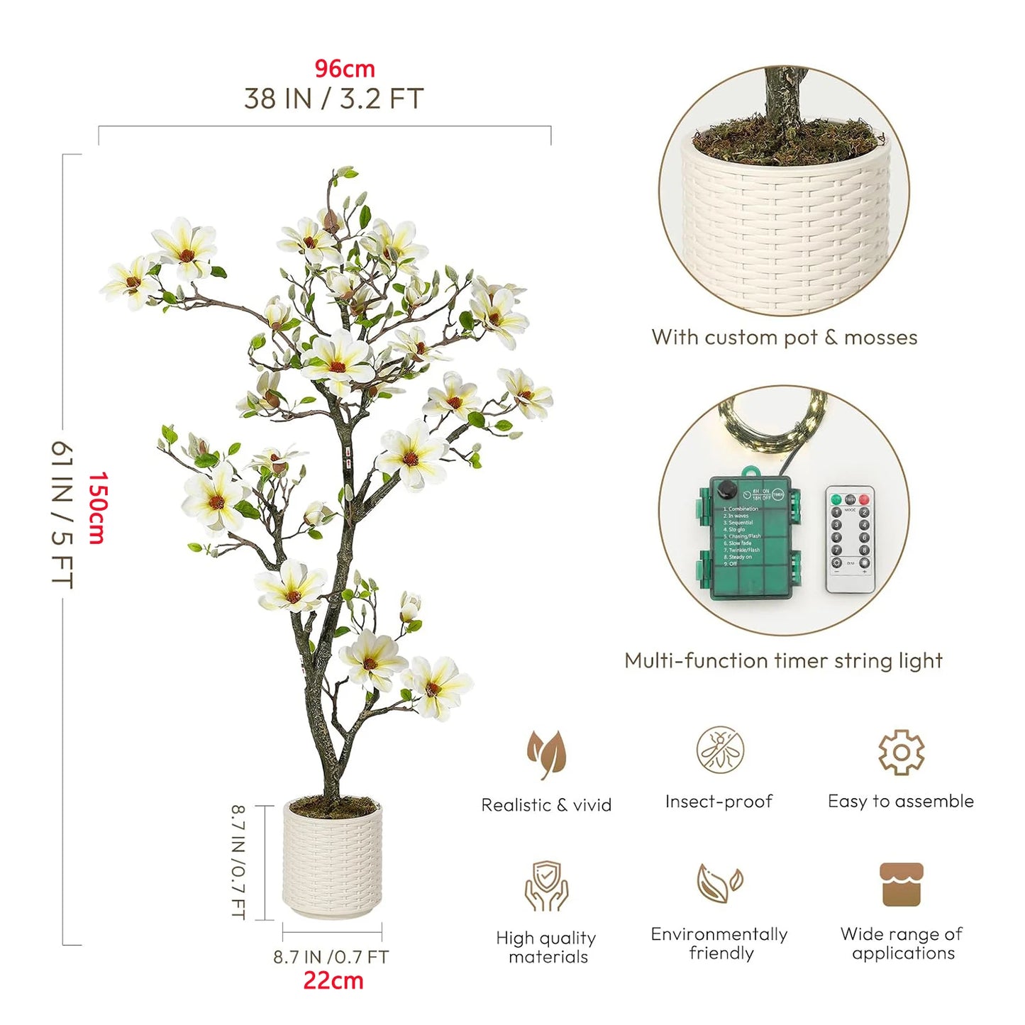 Artificial Magnolia Plant With LED Light Outdoor Patio Decor