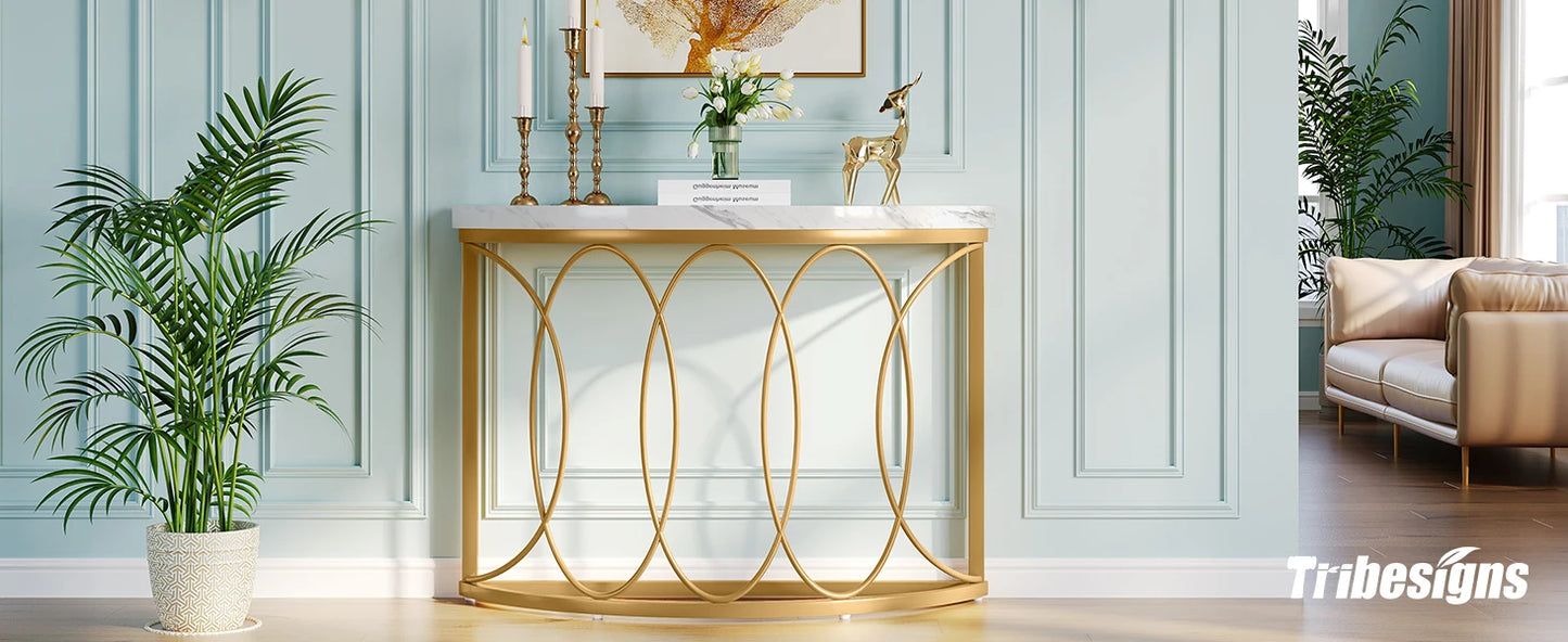Tribesigns Half Moon Gold Console Table, 43" Modern Entryway Table, Narrow Semi Circle Sofa Table with Geometric Metal Frame