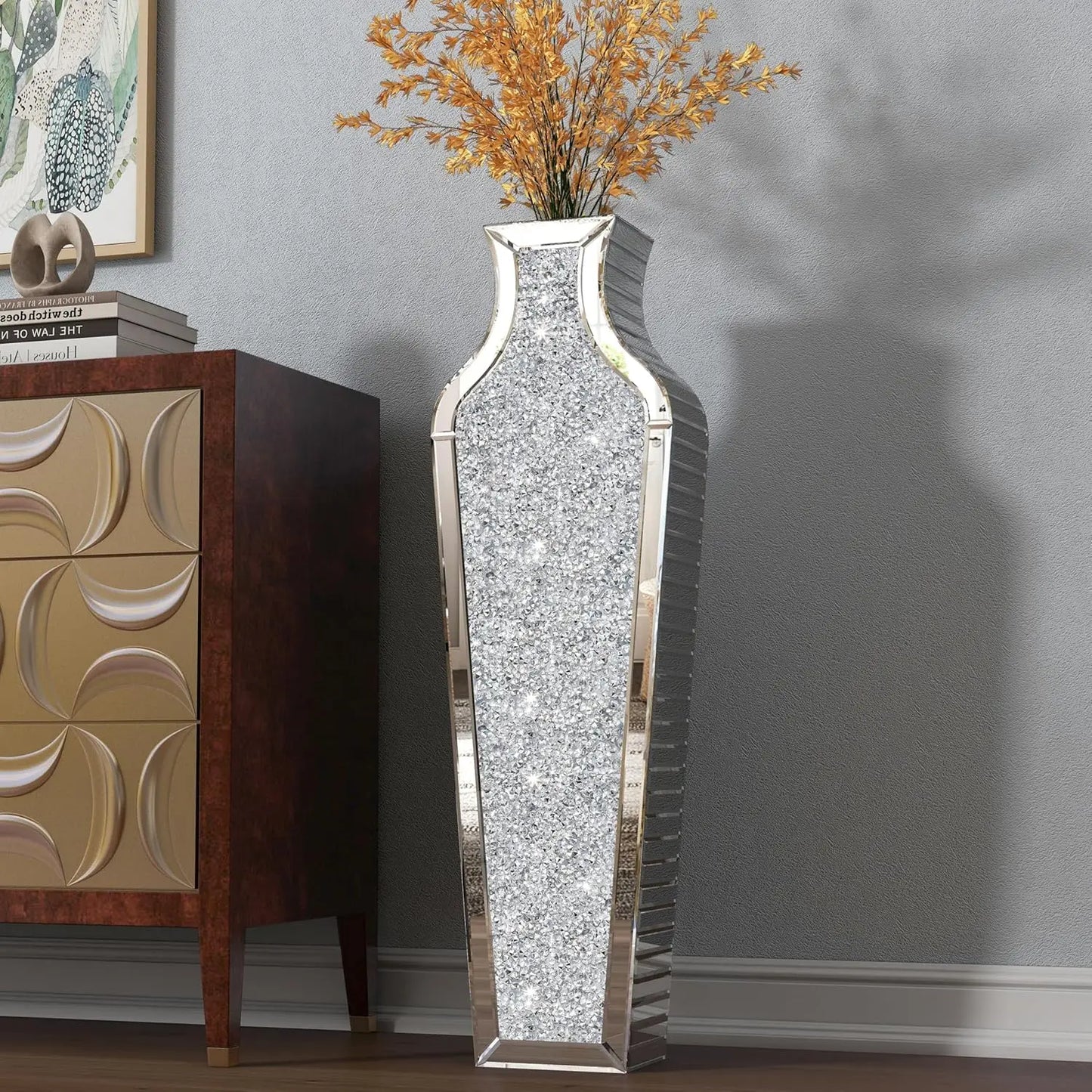 Crushed Diamond Mirrored Floor Vase For Pampas Grass