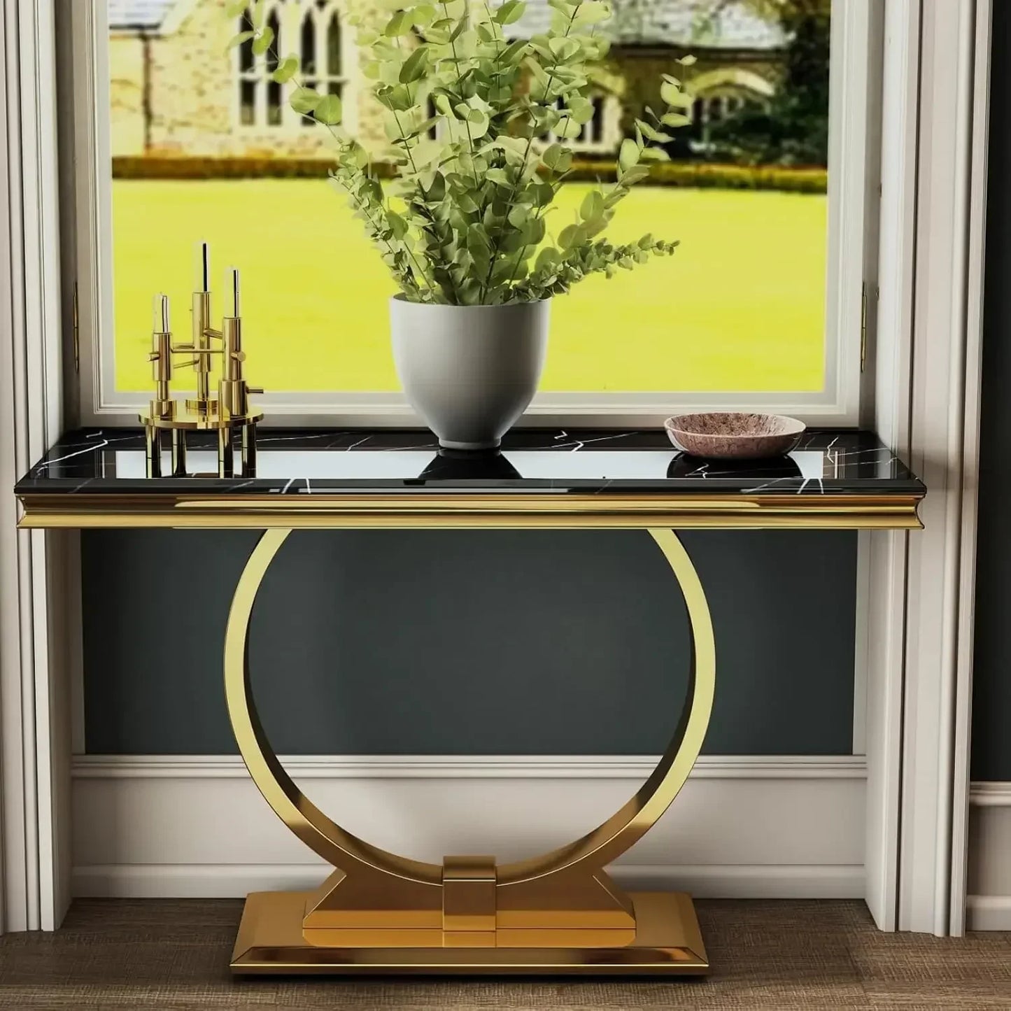 [New Arrival, Limited Stock!]Black Gold Console Table, 50" Black EntranceTable with Gold U Shaped Base, Luxury Entryway Table fo