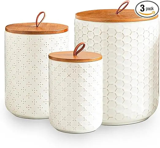 Ceramic Canister Set With Wooden Lids Airtight Food Jars