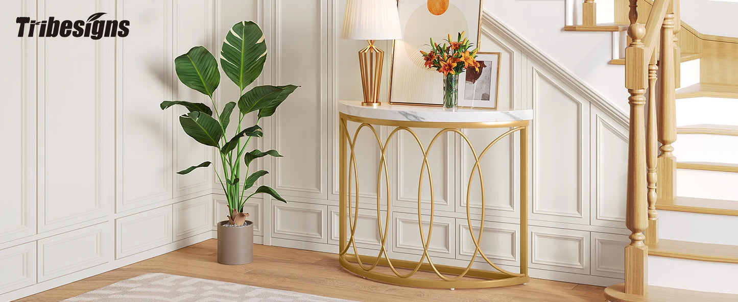 Tribesigns Half Moon Gold Console Table, 43" Modern Entryway Table, Narrow Semi Circle Sofa Table with Geometric Metal Frame